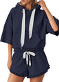 Lauweion women's 2-piece sweat set with boxy hoodie and ruffle trim shorts, casual loungewear outfit shown in the image.