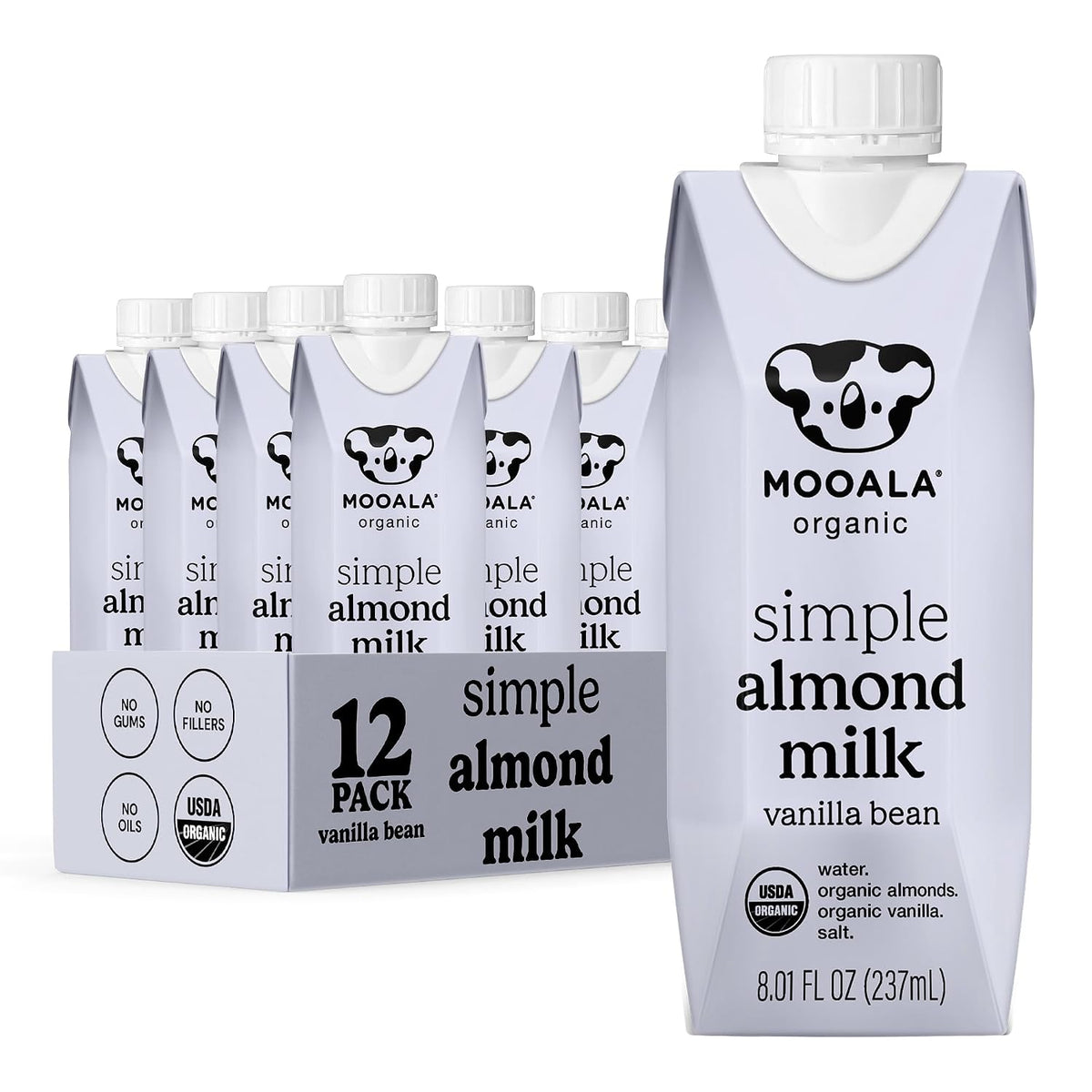 Mooala Organic Simple Almondmilk carton, unsweetened dairy-free almond milk with 3 ingredients, on-the-go single serve pack.
