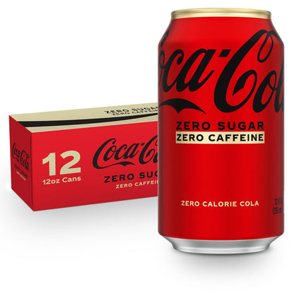 Coca-Cola Zero Sugar Diet Soda cans in a 12-pack fridge pack, 12 fl oz each, arranged in a row with the Coca-Cola Zero branding visible.