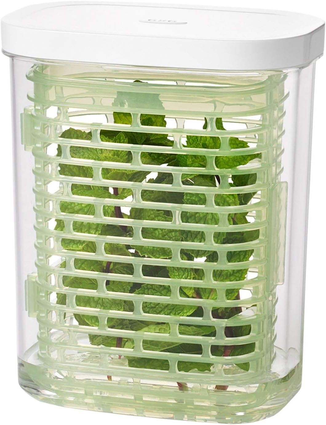 Large white OXO Good Grips GreenSaver produce storage container for fresh fruits and vegetables, designed to extend freshness.