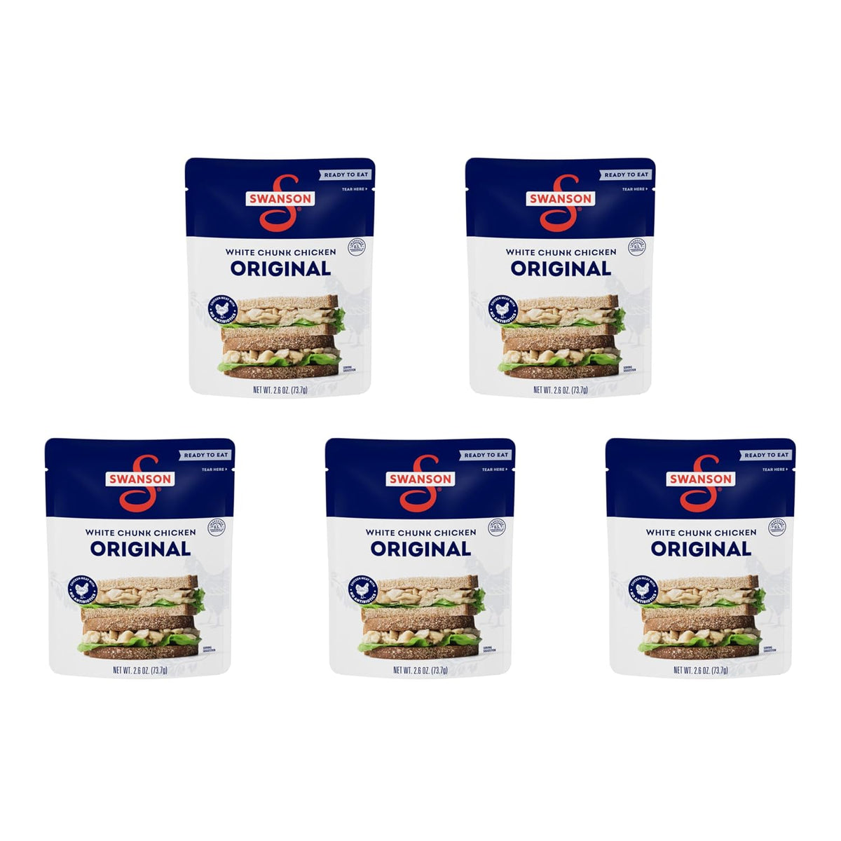 Canned Swanson White Premium Chunk Chicken in Water, 4 cans of 2.4 oz each, showing the product label and cans stacked together.