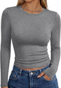 Trendy Queen women's long sleeve T-shirt with fall fashion Y2K style, basic casual top, displayed on a neutral background.