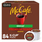 McCafe Premium Roast Decaf K-Cup coffee pods for Keurig, medium roast, 84-count box showing the product packaging.