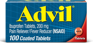 Advil pain reliever and fever reducer bottle with 100 coated tablets, containing 200mg ibuprofen for headache, backache, and menstrual pain