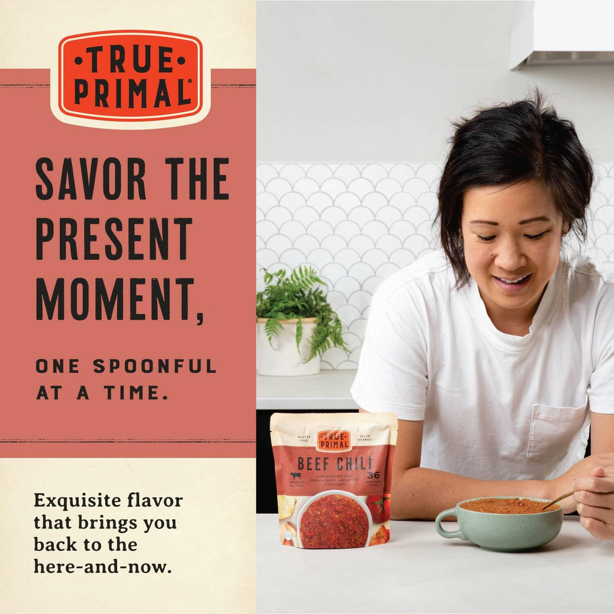 True Primal beef chili pack featuring gluten-free, paleo, grass-fed beef, ready-to-eat, Whole30, keto-friendly packaged chili.