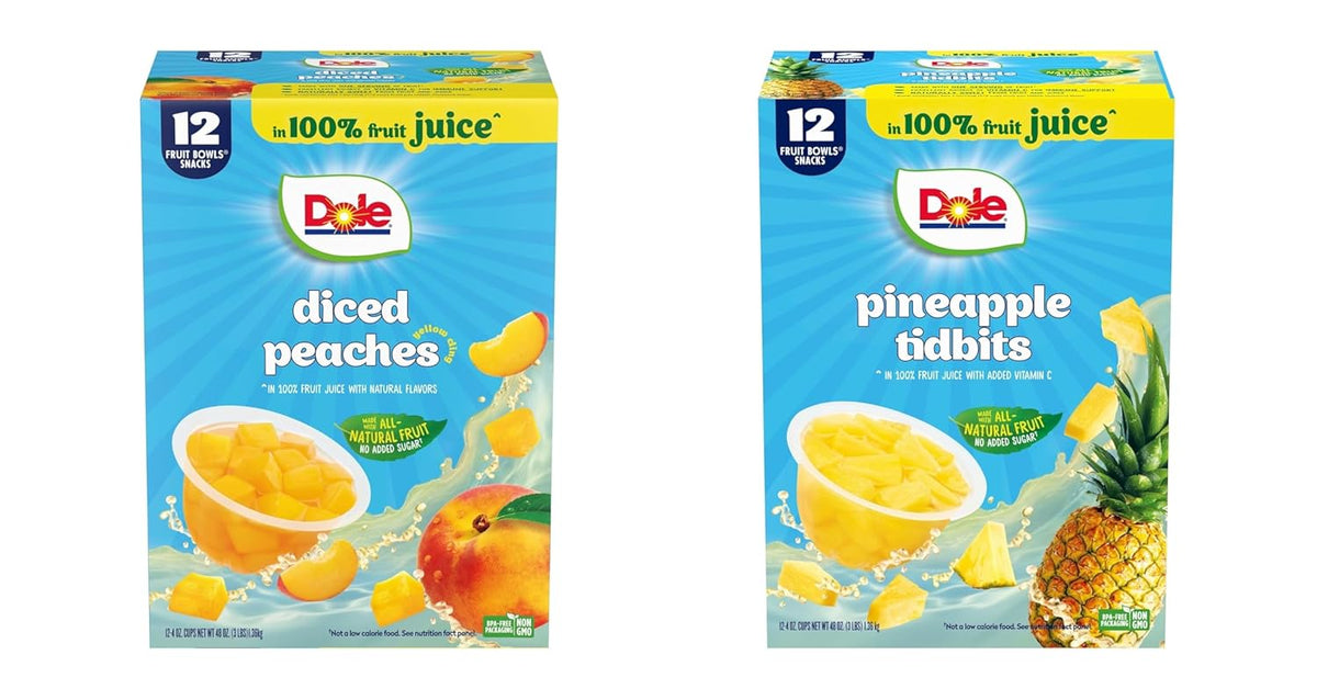 Canned Dole pineapple tidbits and tropical fruit in 4 oz bowls, 12-pack, showing colorful fruit pieces in clear containers