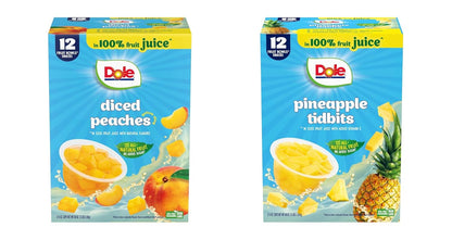Canned Dole pineapple tidbits and tropical fruit in 4 oz bowls, 12-pack, showing colorful fruit pieces in clear containers