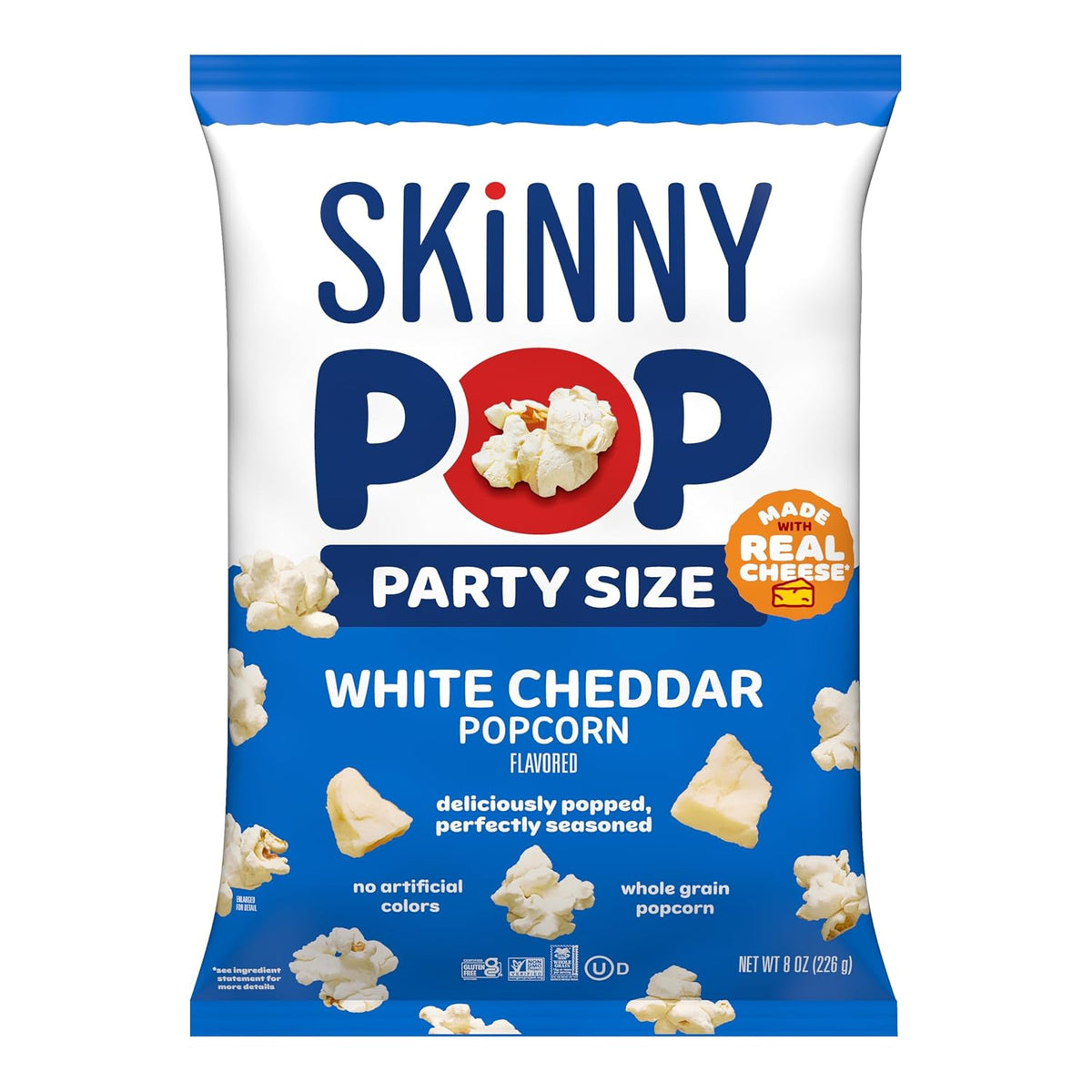 BACKUPMYFILESNOW® SkinnyPop White Cheddar gluten-free popcorn in an 8 oz bag, showcasing the crispy, white cheddar-flavored snack.