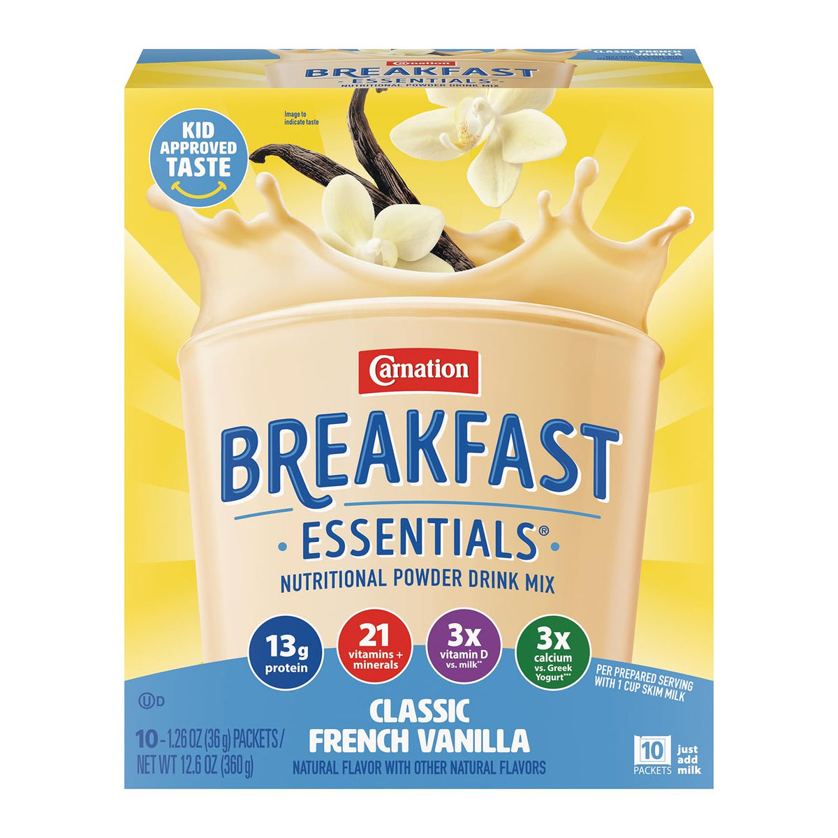 Carnation Breakfast Essentials Strawberry instant nutritional drink mix in a glass with a spoon, showcasing the product's packaging.