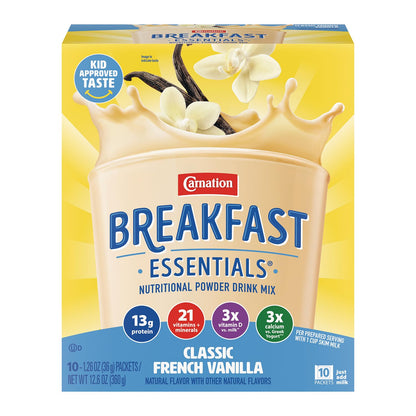 Carnation Breakfast Essentials Strawberry instant nutritional drink mix in a glass with a spoon, showcasing the product's packaging.