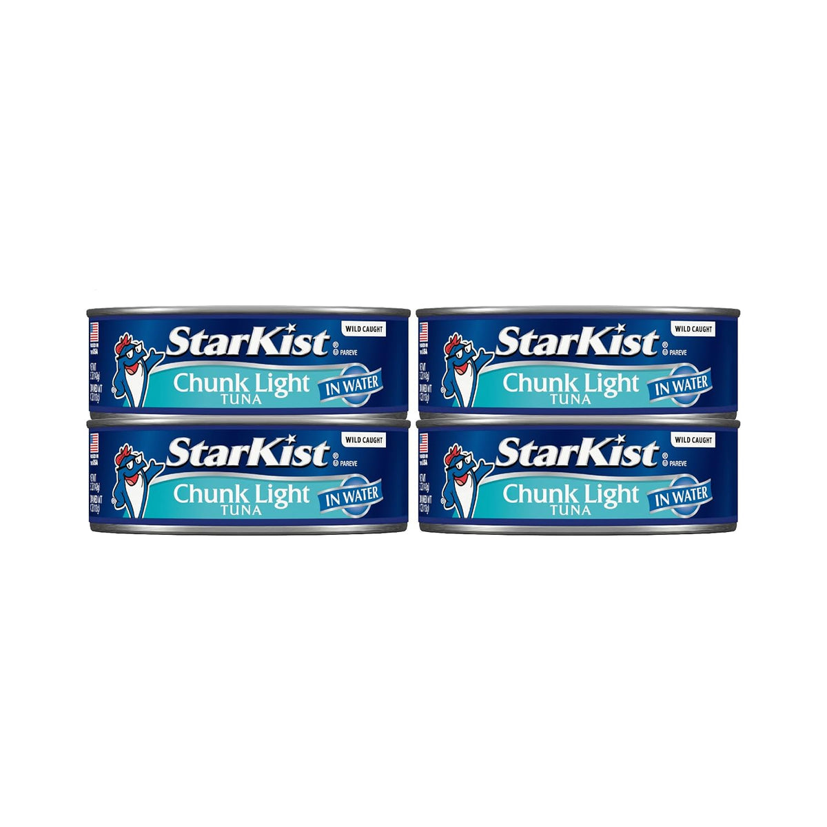 Eight 5oz cans of StarKist Chunk Light Tuna in Water for pantry storage, arranged in a neat pack.