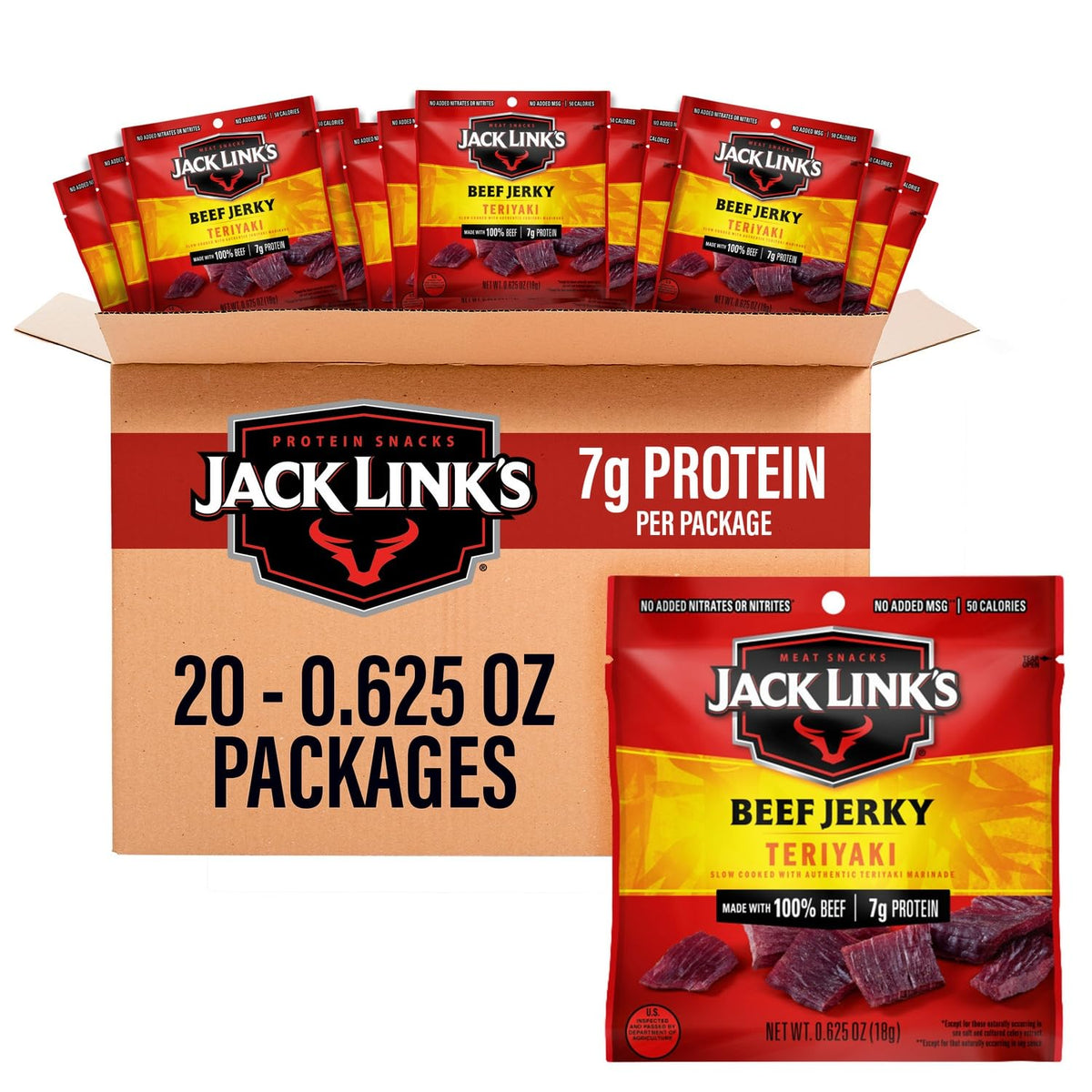 Jack Link's Beef Jerky Variety Pack with 9 packs of 1.25 oz, featuring Original and Teriyaki flavors in resealable bags.