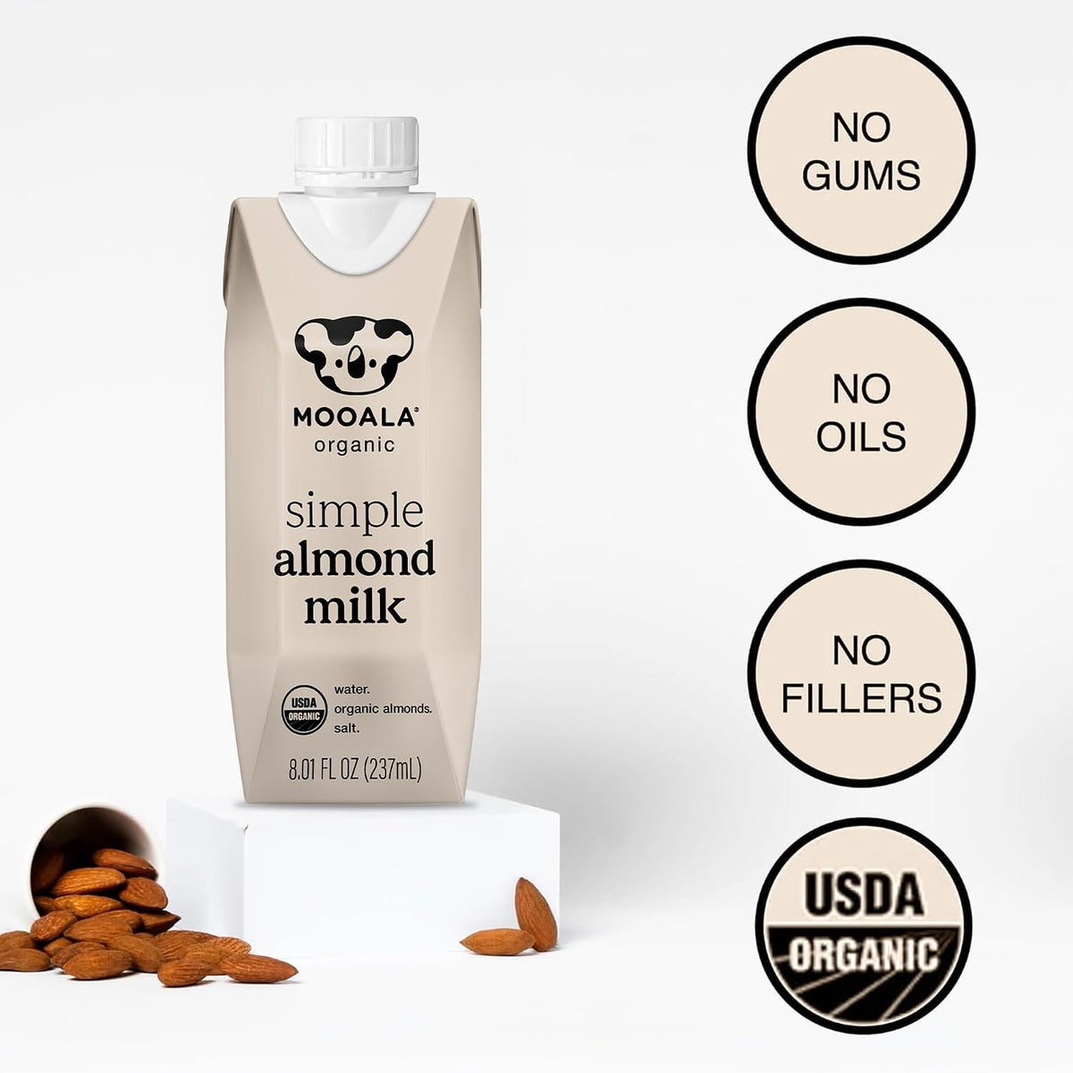 Mooala Organic Simple Almondmilk single serve carton, unsweetened, dairy free, 12-pack, with 3 ingredients, no gums, no oil.