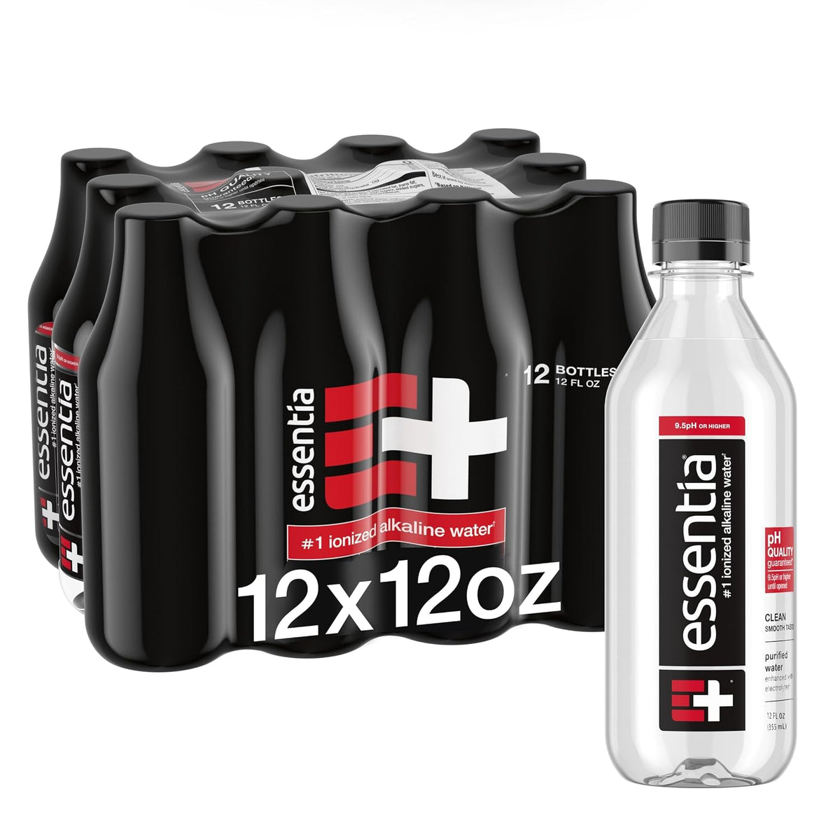 Essentia Water ionized alkaline water bottles in a 6-pack, 33.8 fl oz each, with clear label and blue cap on a white background.