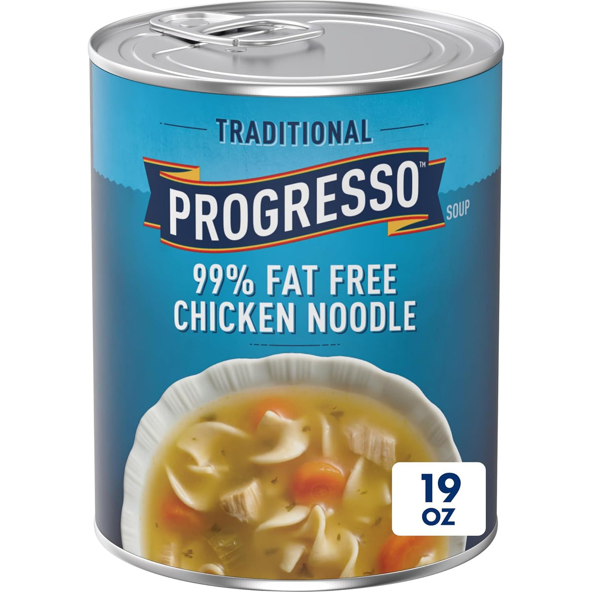 Cans of Progresso Traditional Chicken Noodle Soup, 19 oz, 4-pack, showing label and can design for canned soup product