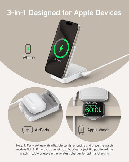 Anker MagGo wireless charging station with foldable 3-in-1 design for smartphones, AirPods, and Apple Watch, black finish