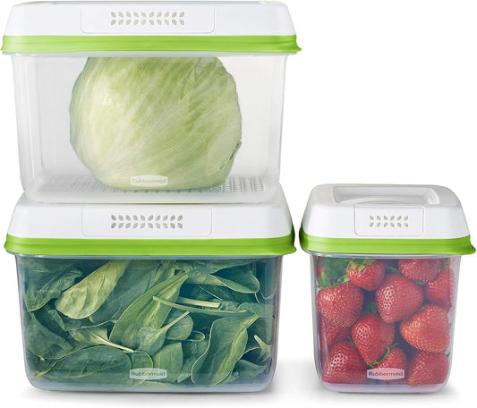 Rubbermaid FreshWorks large produce storage containers set with four clear plastic containers for fresh fruit and vegetable storage.