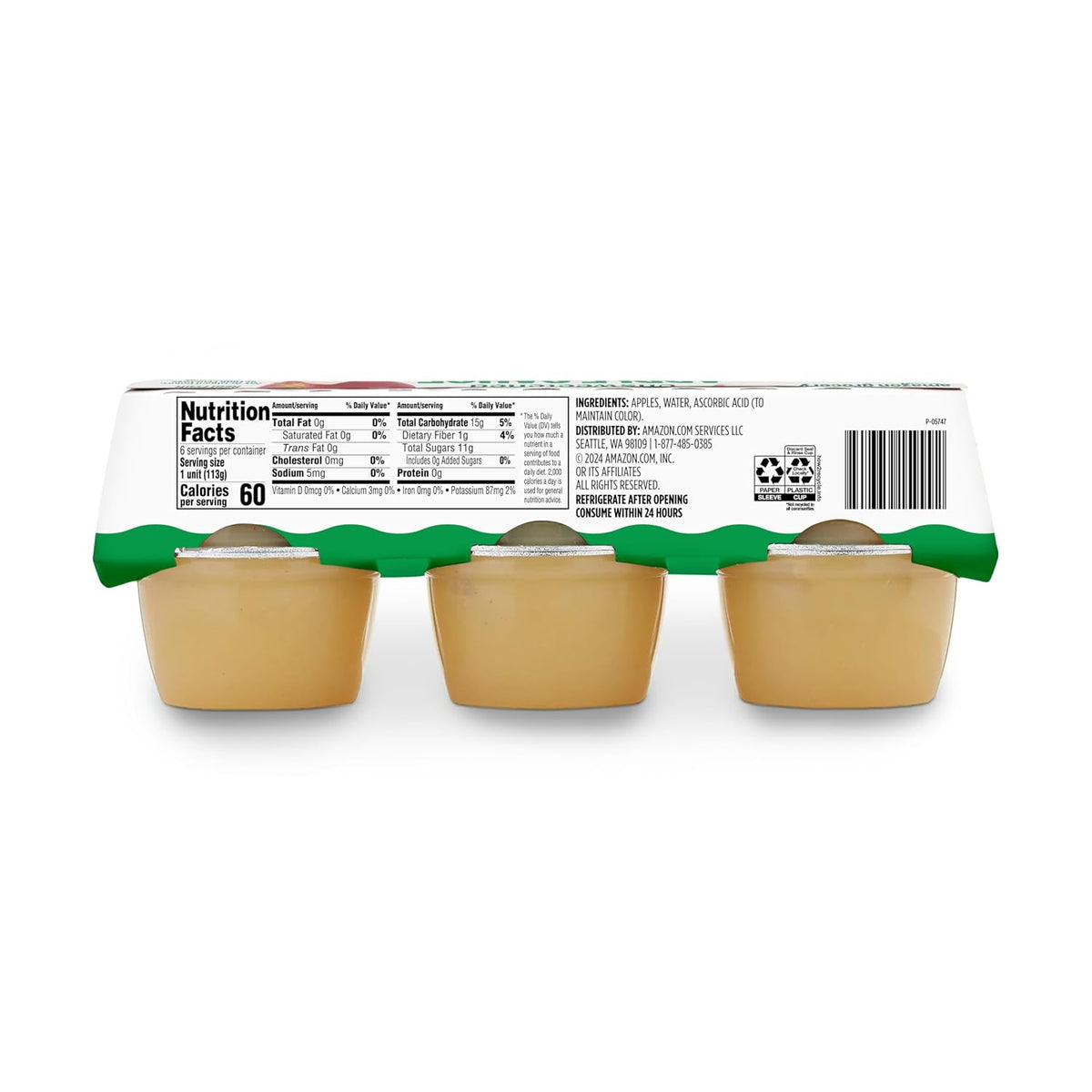 Six Amazon Grocery unsweetened apple sauce cups, 4 oz each, with smooth apple puree in small convenient containers.