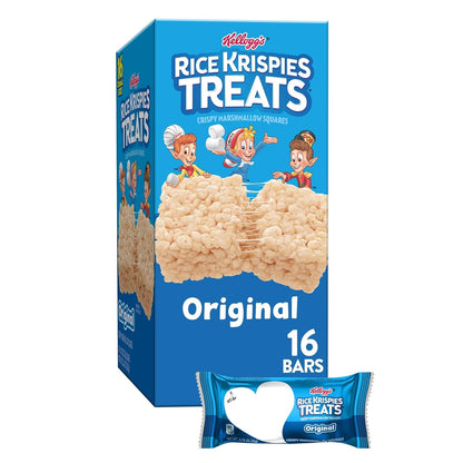 Rice Krispies Treats cereal bars with crispy marshmallow squares, 16 bars in a 12.4oz box, perfect kids snack.