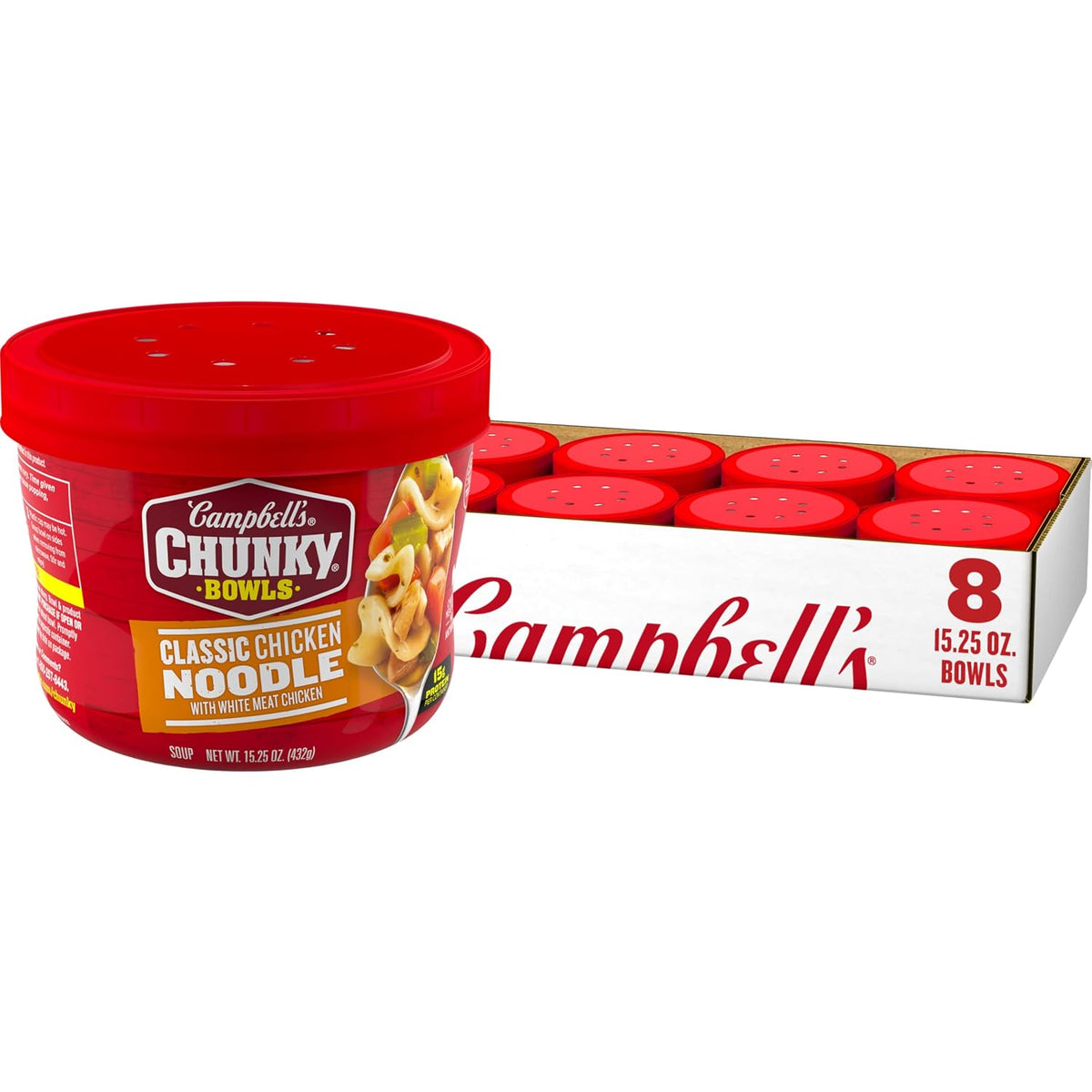 Campbell’s Chunky Chicken Broccoli Cheese Soup in an 18.8 oz can, featuring creamy chicken, broccoli, and cheese in a hearty soup.
