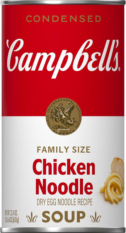 Four cans of Campbell's Condensed Chicken Noodle Soup, 10.75 oz each, stacked in a pack, ready for cooking or storage.