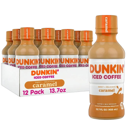 Dunkin' Mocha Iced Coffee in 13.7 fl oz bottles, pack of 12, with chocolate flavor and iced coffee branding.