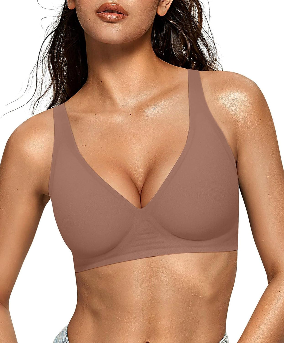 OEAK women's wireless jelly bralette with deep V neckline, comfortable push-up design, ideal for everyday T-shirt wear.