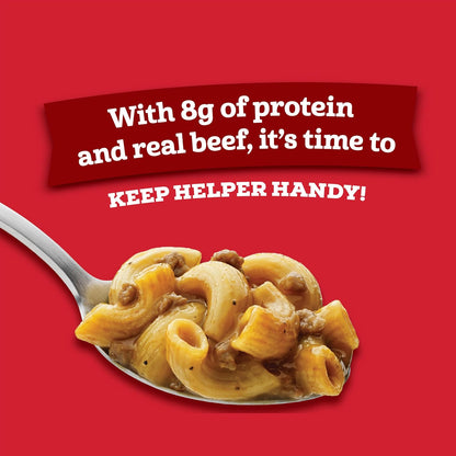 Hamburger Helper Beef Pasta Microwave Cup with cooked pasta and beef bits in a cup, ready in 4 minutes for quick family meals.