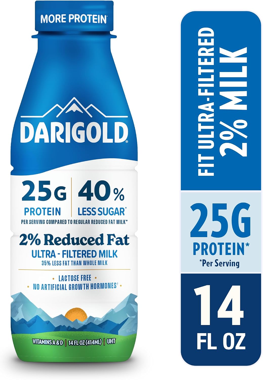 Darigold FIT High Protein Milk 2% in 14oz bottles, low fat, lactose free, 25g protein, 40% less sugar, 12-pack display