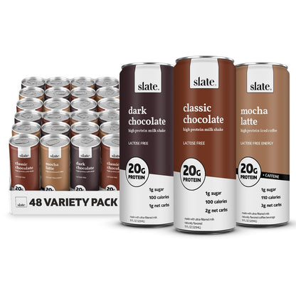 Slate Milk high protein milk shakes and iced coffees in chocolate, mocha, vanilla, and French vanilla flavors, 11 fl oz cans.