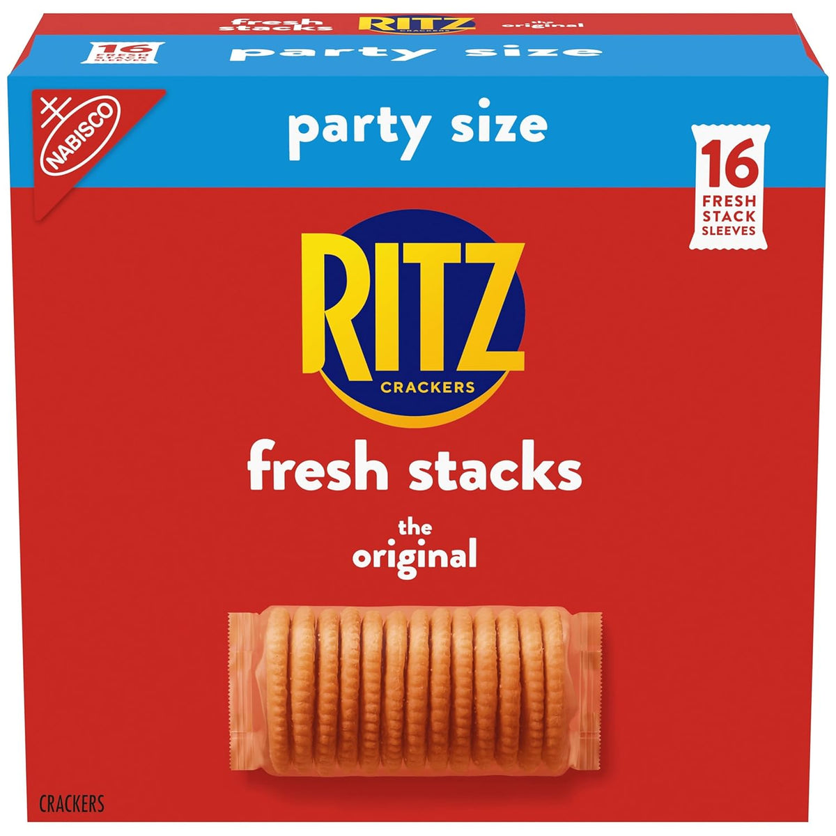 Ritz Fresh Stacks Original Crackers in party size box with 16 multi snack packs, ready for sharing or snacking at home.