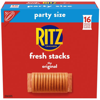 Ritz Fresh Stacks Original Crackers in party size box with 16 multi snack packs, ready for sharing or snacking at home.