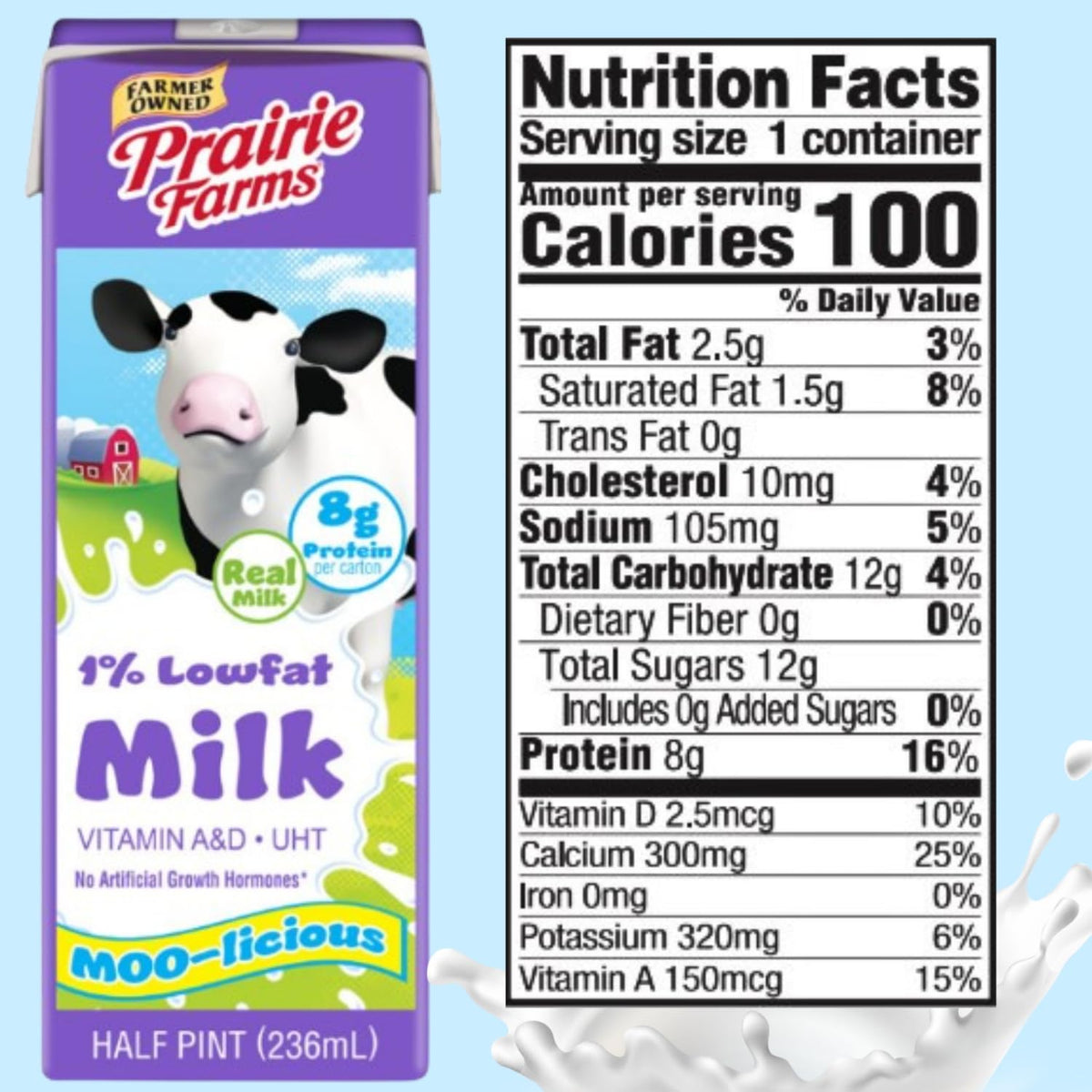 Prairie Farms 1% low-fat shelf-stable milk box with Vitamin D, preservative-free, hormone-free, kosher, 8 fl oz, 27-pack