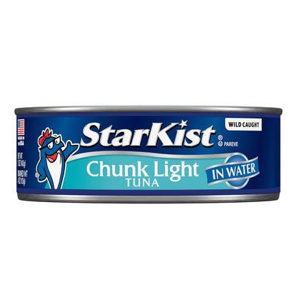 Eight 5oz cans of StarKist Chunk Light Tuna in Water for pantry storage, featuring easy-open pull tabs.