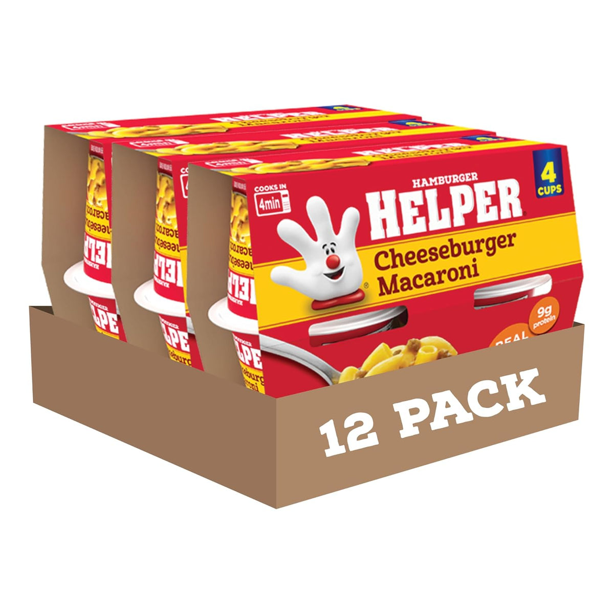 Hamburger Helper Beef Pasta Microwave Cup with cooked pasta, ready to eat, 2 oz individual serving in a microwaveable cup.