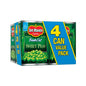 Canned Del Monte sweet peas in 15-ounce cans, fresh cut and bright green, stacked in a pack of four.