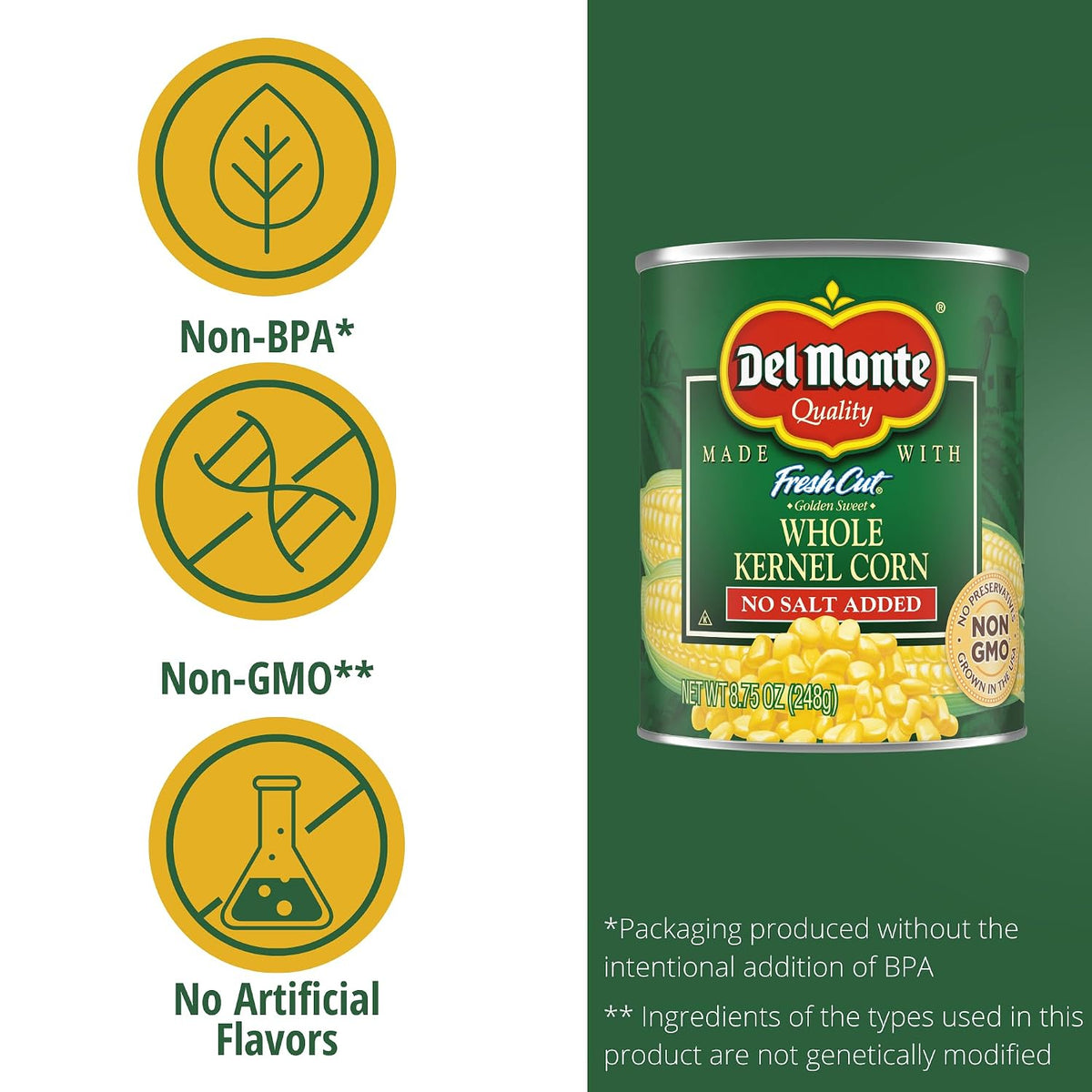 Canned Del Monte Whole Kernel Gold Corn No Salt Added in 8.75-ounce can, showing golden corn kernels in a can.