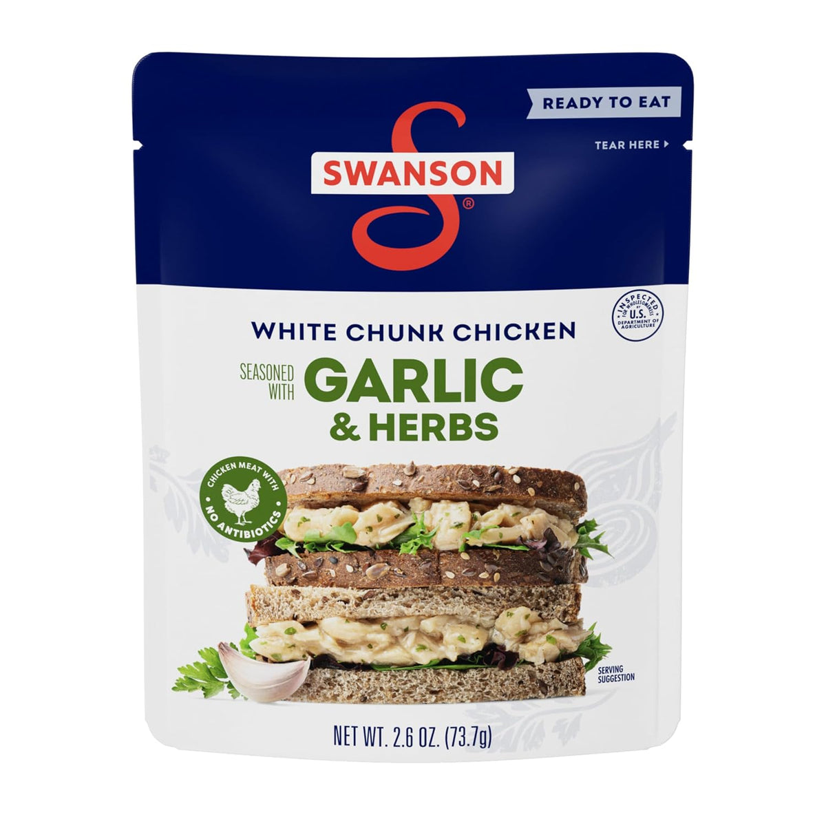 Canned Swanson White Premium Chunk Chicken in Water, 4 cans of 2.4 oz each, with label showing product details and brand logo.