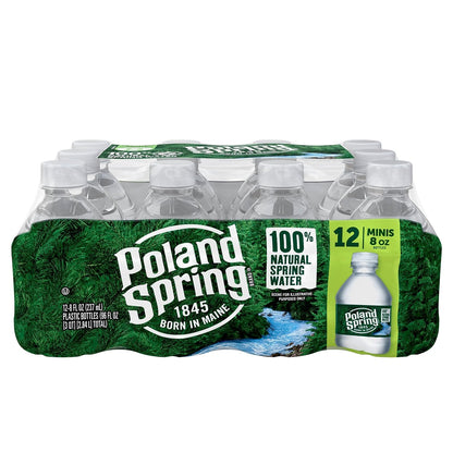 Poland Spring half pint natural spring water bottles in a 12-pack, showing clear bottles filled with spring water.