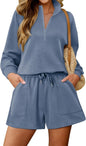 KISSMODA women's lounge set with matching sweatshirt and shorts, comfortable casual outfit for relaxing or lounging at home.