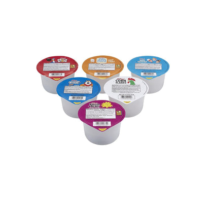 Kellogg's breakfast cereal cups variety pack, 96 individual 1.13oz cups of assorted cereals in colorful packaging.