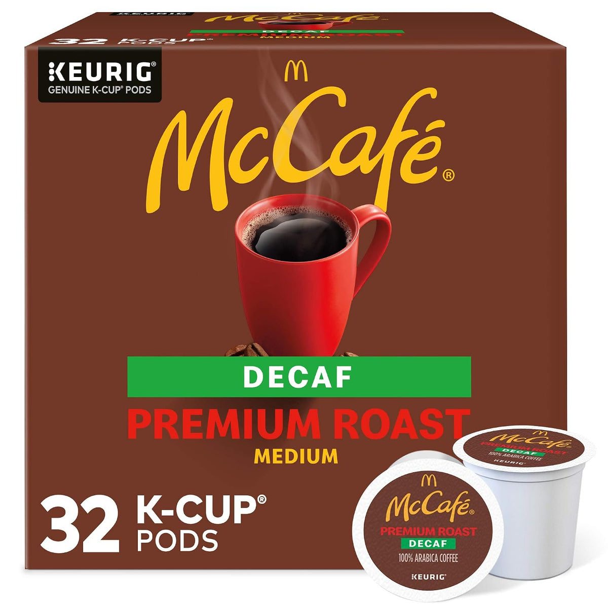 McCafe Premium Roast Decaf Keurig K-Cup coffee pods, medium roast, 84-count single serve coffee pods with coffee beans and packaging.