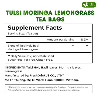 Premium Tulsi Moringa Lemongrass  Tea Bags, 100% Natural & Pure from Tulsi Holy Basil Leaves, Moringa & Lemongrass.