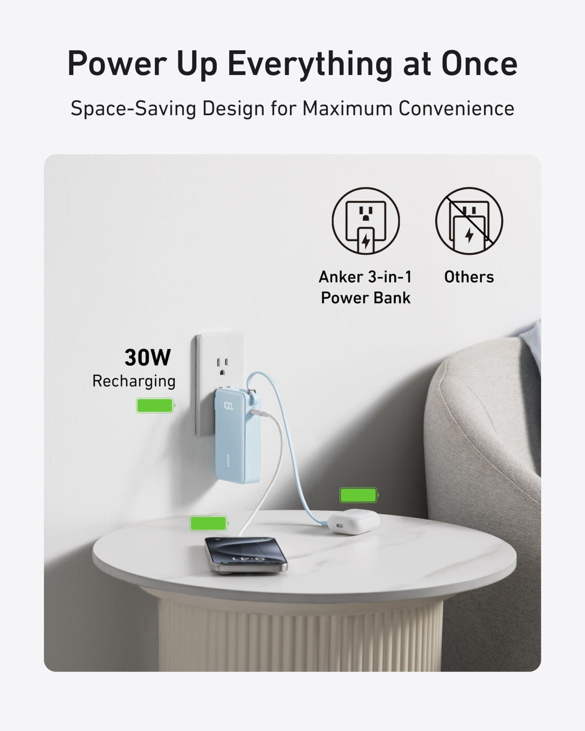 Anker Power Bank 10K Fusion with built-in charging cable, compact portable device for on-the-go device charging.