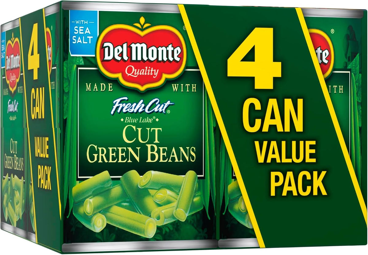 Canned green beans from Del Monte, FRESH CUT BLUE LAKE variety in 14.5 oz cans, 4-pack, showing green beans inside the cans
