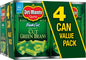 Canned green beans from Del Monte, FRESH CUT BLUE LAKE variety in 14.5 oz cans, 4-pack, showing green beans inside the cans