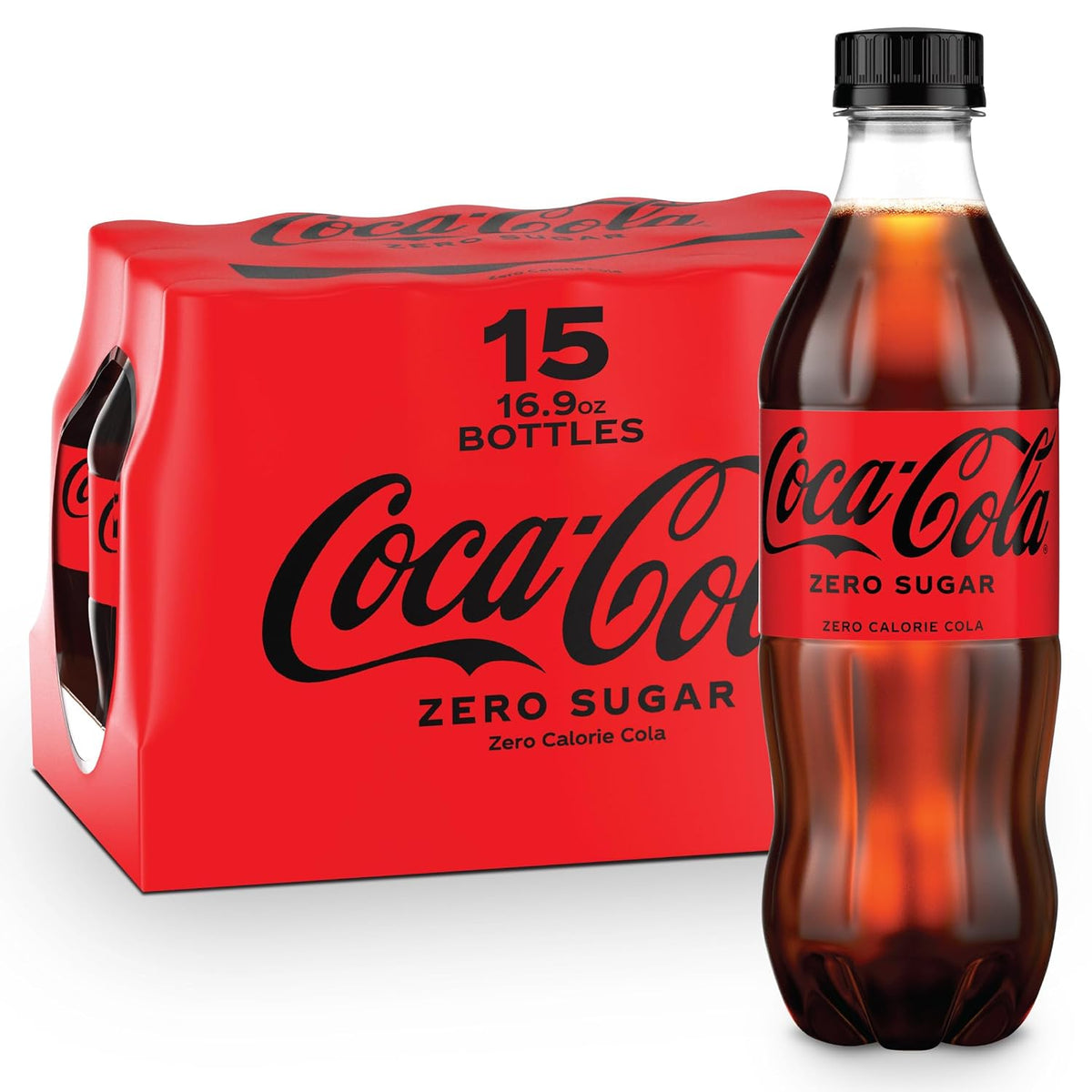 Coca-Cola Zero Sugar diet soda cans in a 12-pack, 12 fl oz each, displayed in a fridge pack with red and black branding.