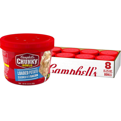 Campbell’s Chunky Baked Potato with Steak & Cheese Soup in an 18.8 oz can, showing the soup with chunks of potato, steak, and cheese.