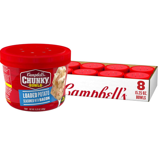 Campbell’s Chunky Baked Potato with Steak & Cheese Soup in an 18.8 oz can, showing the soup with chunks of potato, steak, and cheese.