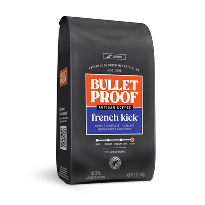 Three 12 oz packages of Bulletproof Original Medium Roast Ground Coffee, showcasing their packaging and branding.